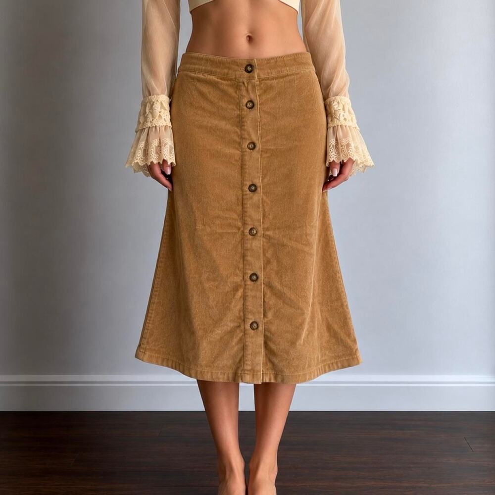 Vintage 70s Style 100% Cotton Camel Corduroy Button Front A-Line Midi Skirt Sz 8